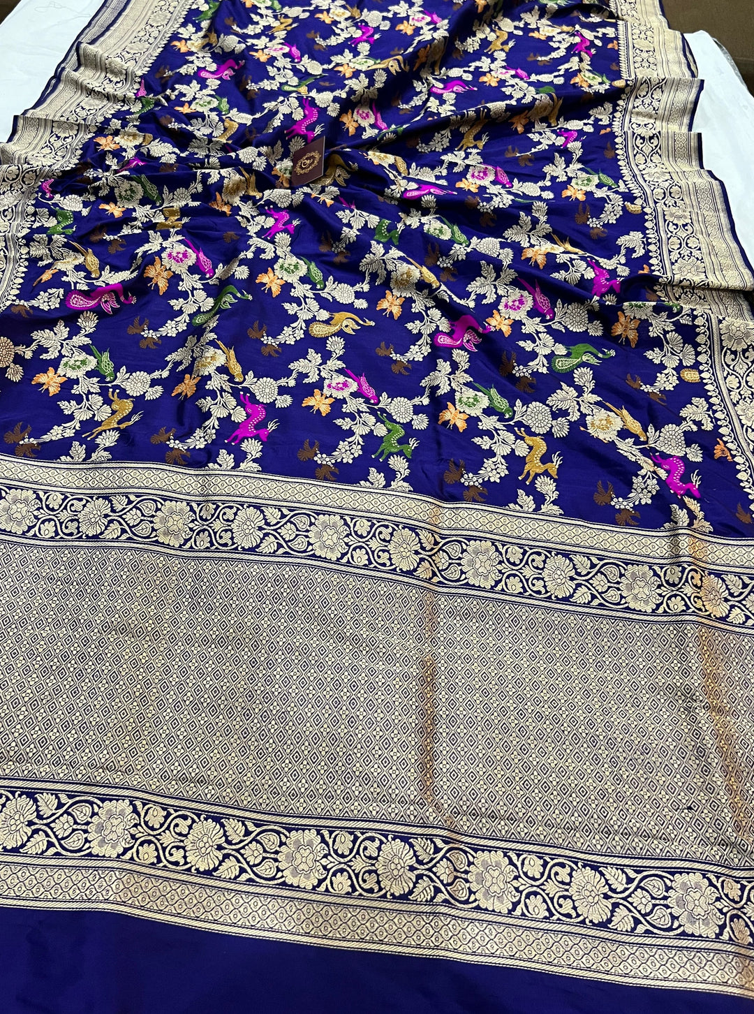 Navy Blue Jaal Pure Banarasi Handloom Katan Silk Saree - Aura Benaras