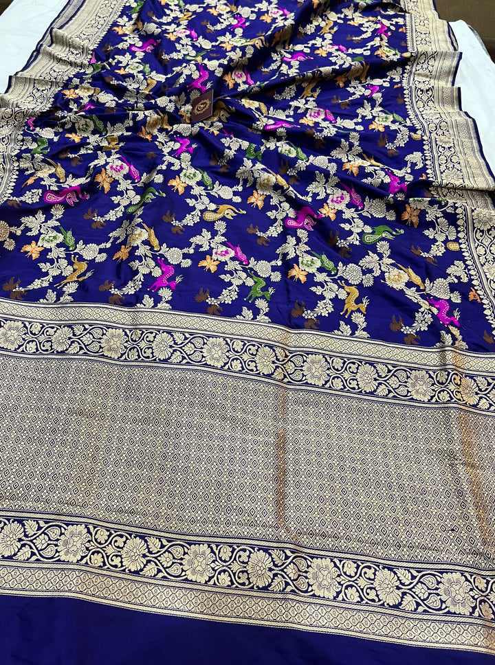 Navy Blue Jaal Pure Banarasi Handloom Katan Silk Saree - Aura Benaras