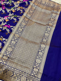 Navy Blue Jaal Pure Banarasi Handloom Katan Silk Saree - Aura Benaras