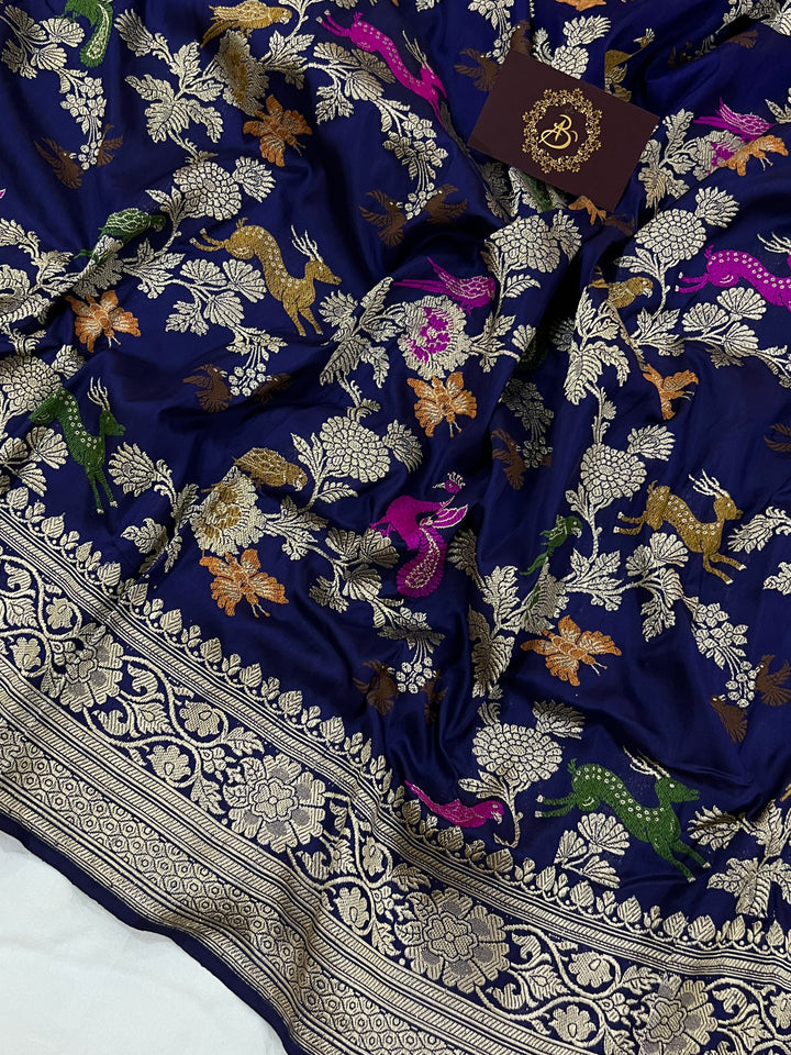 Navy Blue Jaal Pure Banarasi Handloom Katan Silk Saree - Aura Benaras