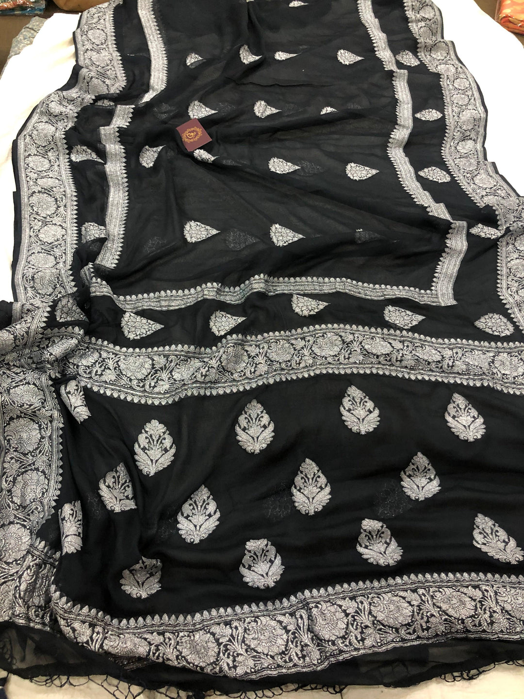 BLACK BANARASI HANDLOOM PURE KHADDI CHIFFON GEORGETTE SAREE - AURA BENARAS