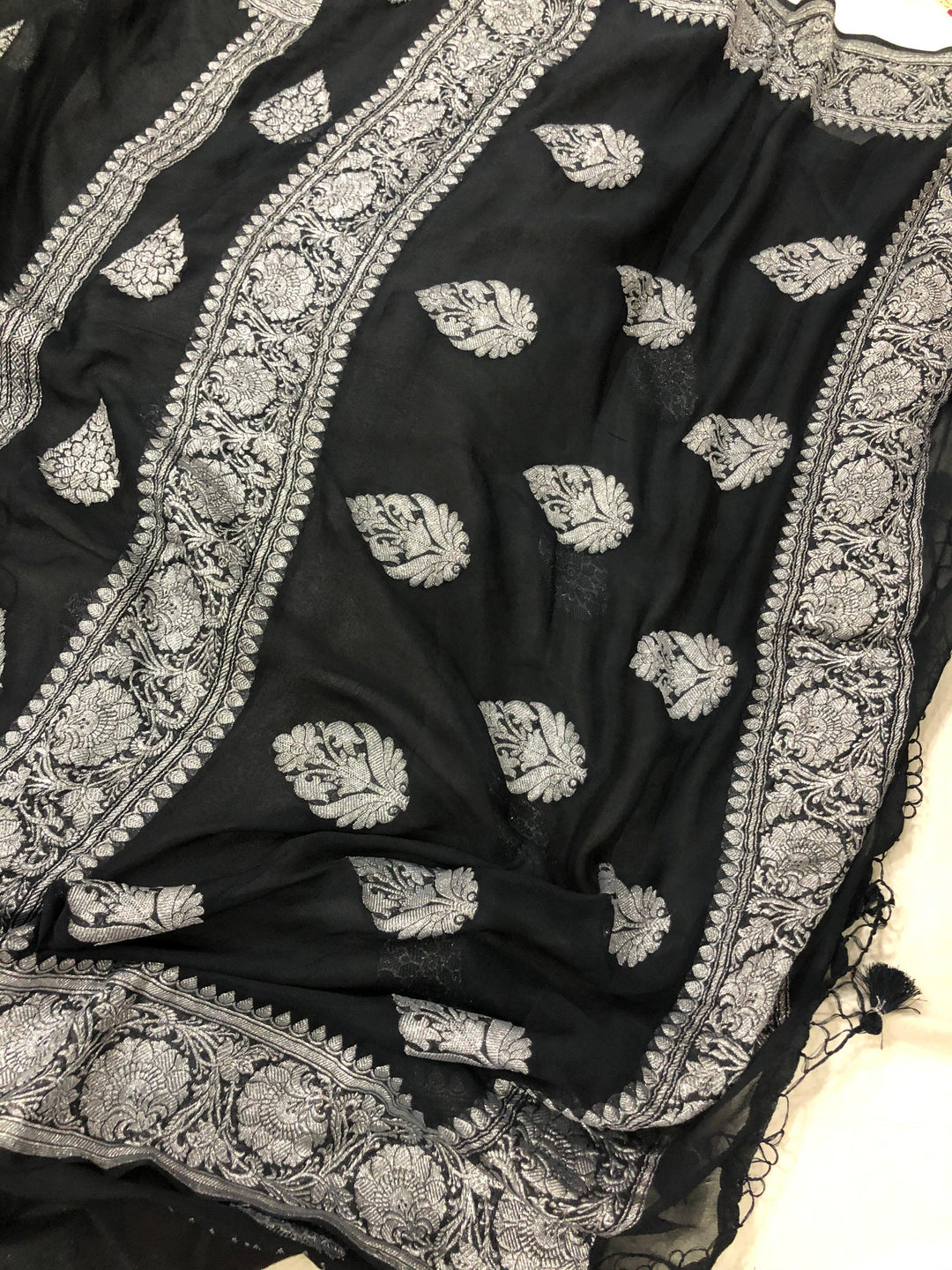BLACK BANARASI HANDLOOM PURE KHADDI CHIFFON GEORGETTE SAREE - AURA BENARAS