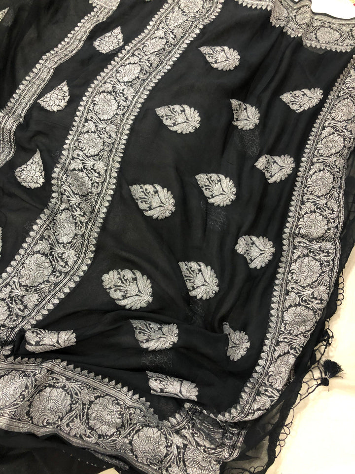 BLACK BANARASI HANDLOOM PURE KHADDI CHIFFON GEORGETTE SAREE - AURA BENARAS