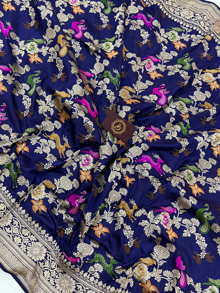 Navy Blue Jaal Pure Banarasi Handloom Katan Silk Saree - Aura Benaras