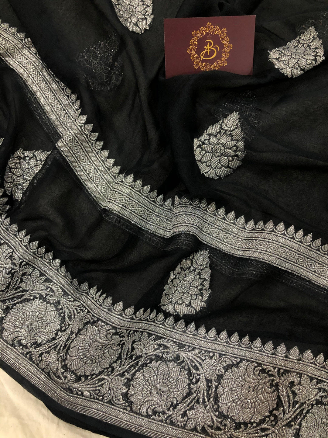 BLACK BANARASI HANDLOOM PURE KHADDI CHIFFON GEORGETTE SAREE - AURA BENARAS
