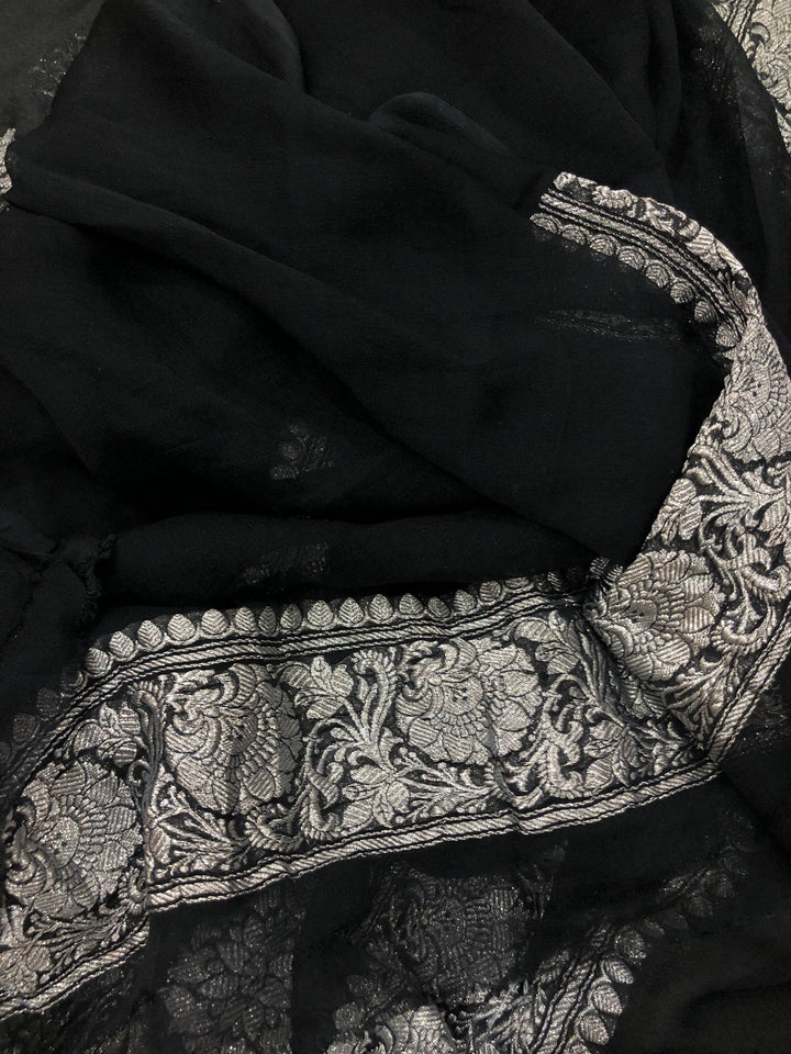BLACK BANARASI HANDLOOM PURE KHADDI CHIFFON GEORGETTE SAREE - AURA BENARAS