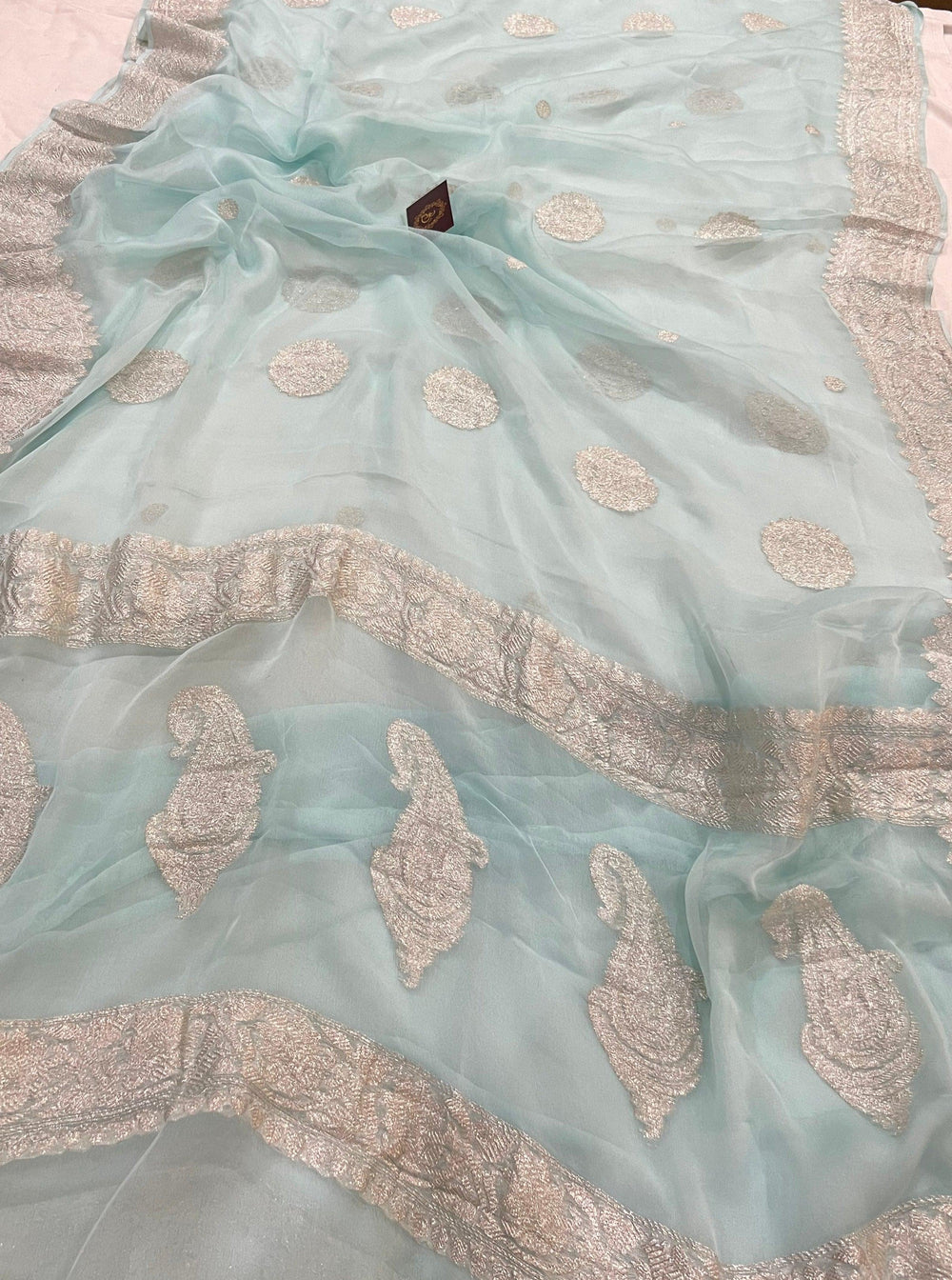 Pani Blue Khaddi Chiffon Banarasi Handloom Saree - Aura Benaras