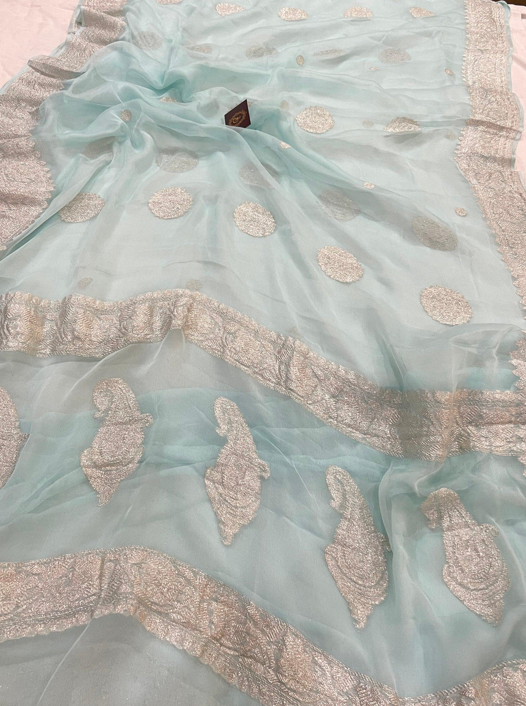 Pani Blue Khaddi Chiffon Banarasi Handloom Saree - Aura Benaras