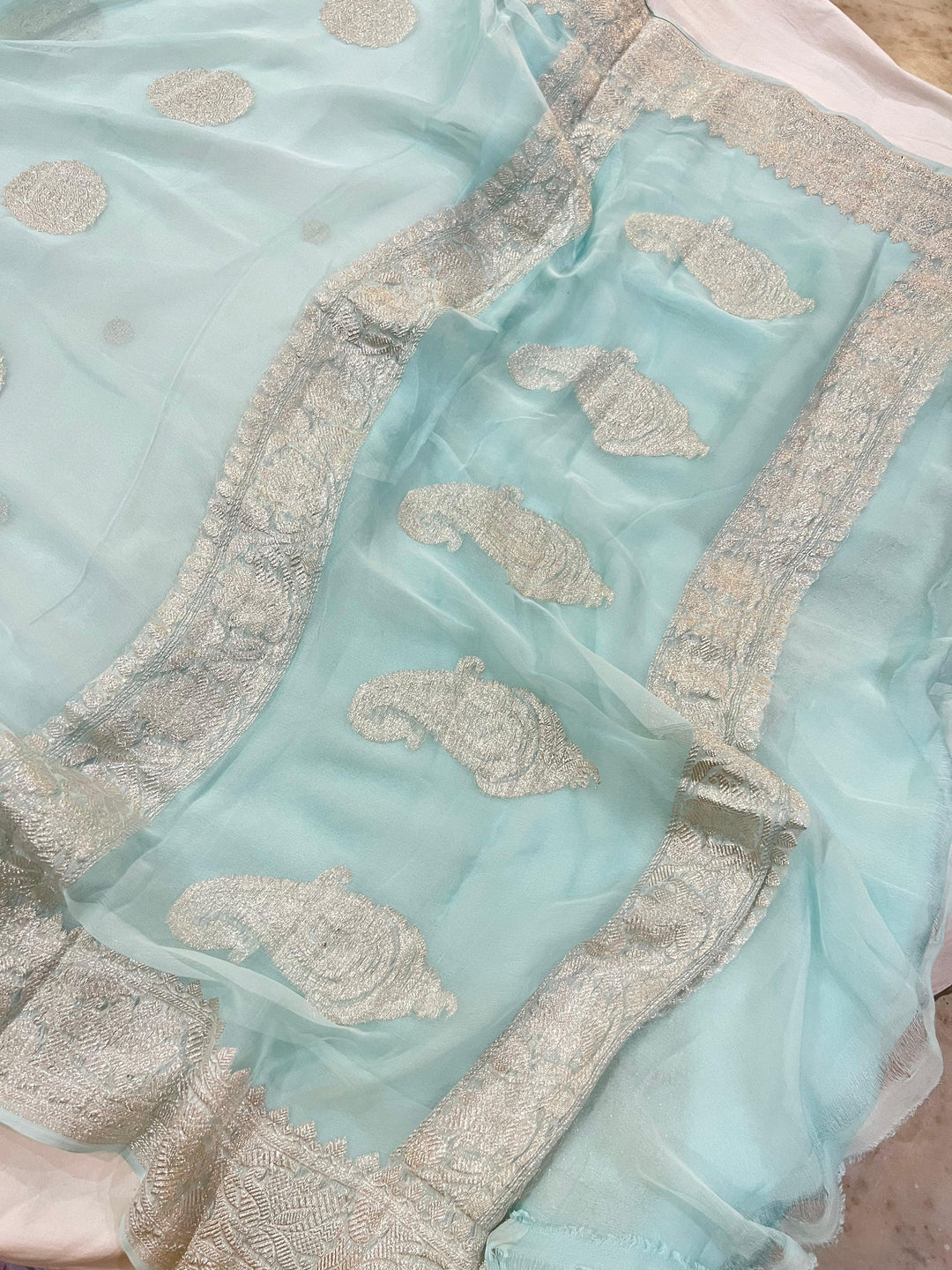 Pani Blue Khaddi Chiffon Banarasi Handloom Saree - Aura Benaras