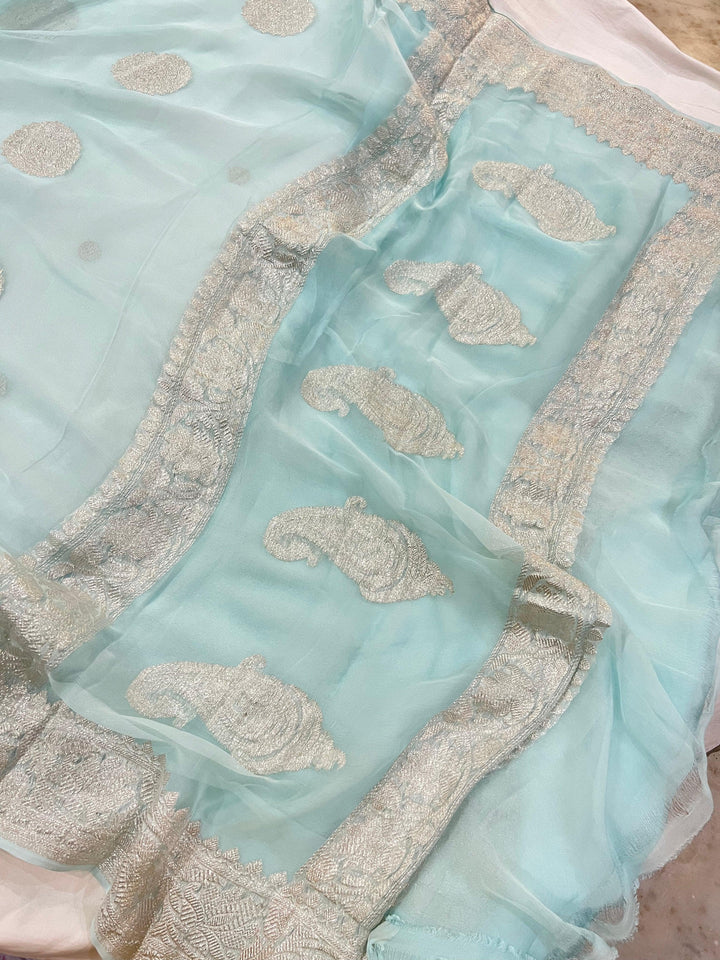 Pani Blue Khaddi Chiffon Banarasi Handloom Saree - Aura Benaras