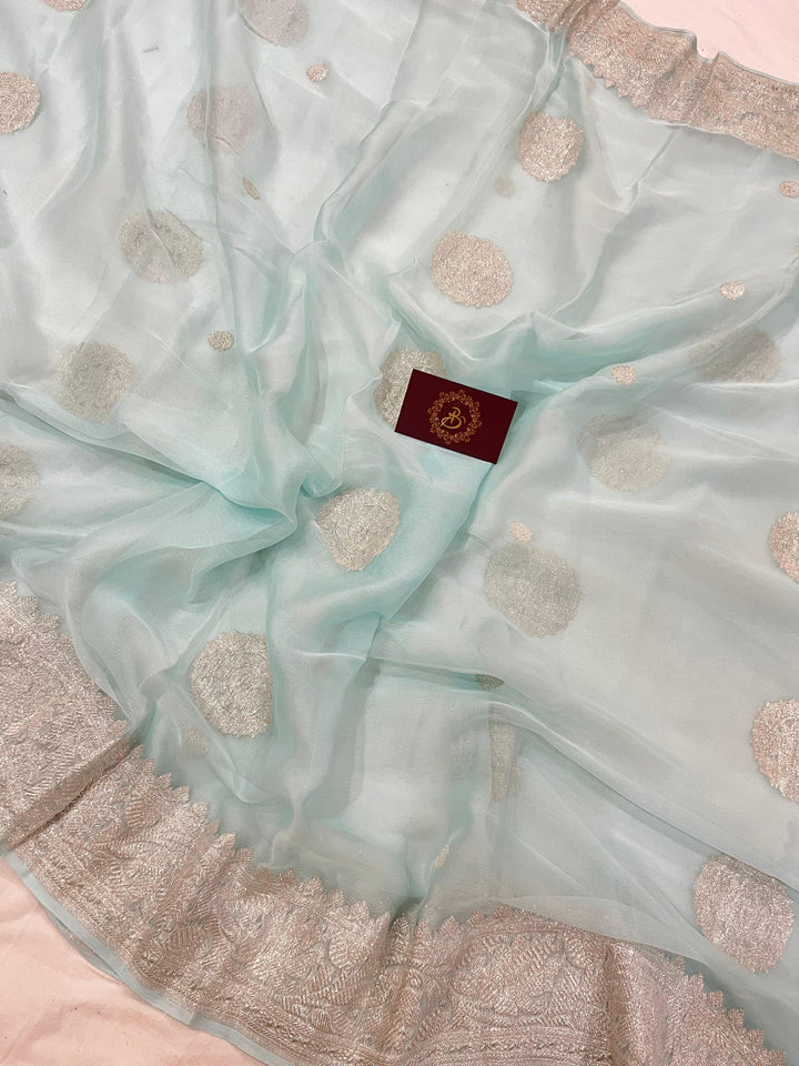 Pani Blue Khaddi Chiffon Banarasi Handloom Saree - Aura Benaras