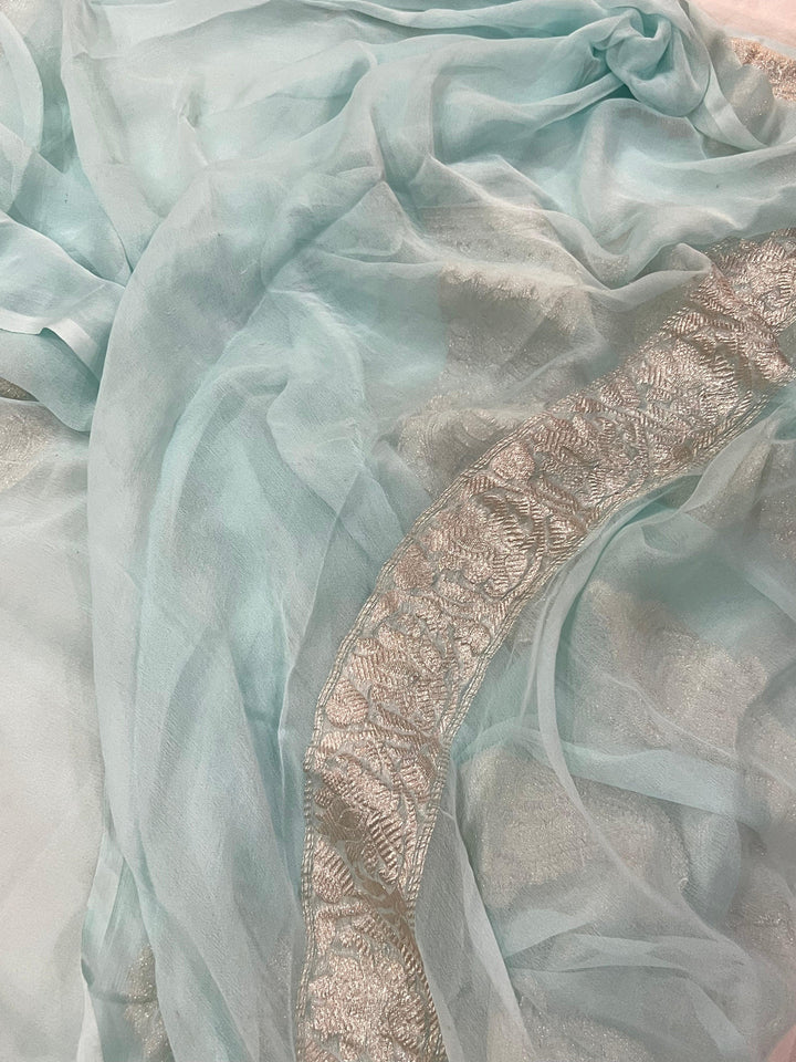 Pani Blue Khaddi Chiffon Banarasi Handloom Saree - Aura Benaras