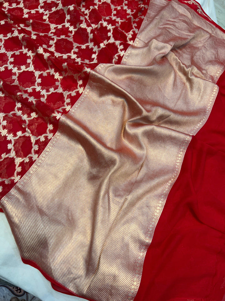 Red Pure Banarasi Khaddi Georgette Saree - Aura Benaras