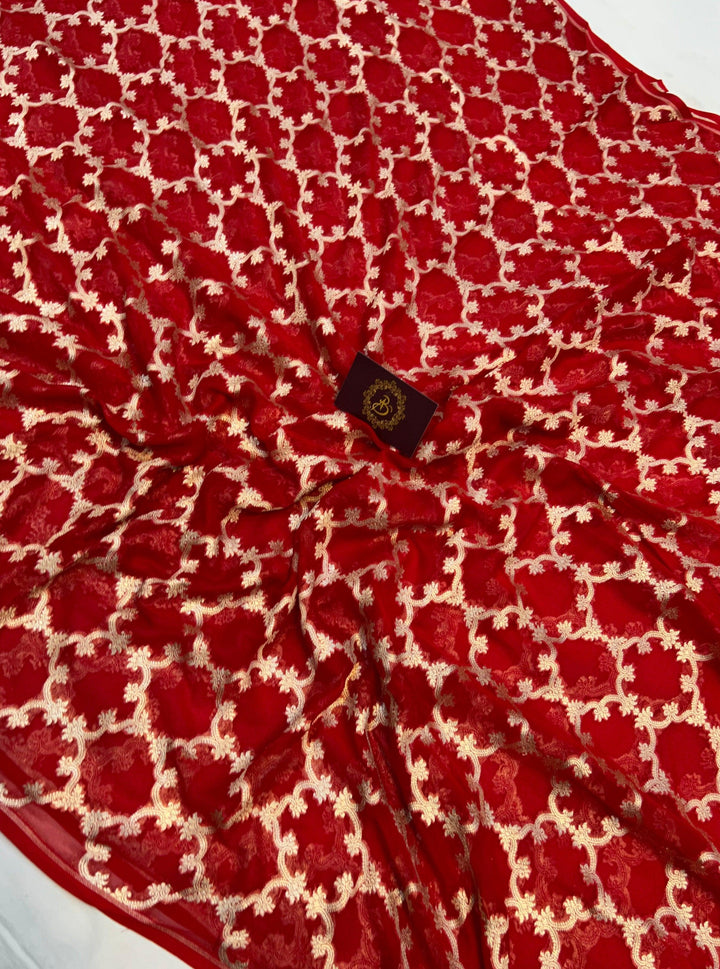 Red Pure Banarasi Khaddi Georgette Saree - Aura Benaras