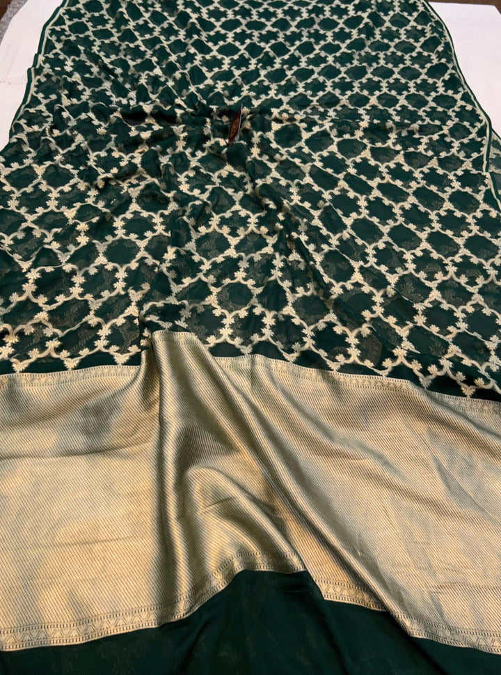 Bottle Green Pure Banarasi Khaddi Georgette Saree - Aura Benaras