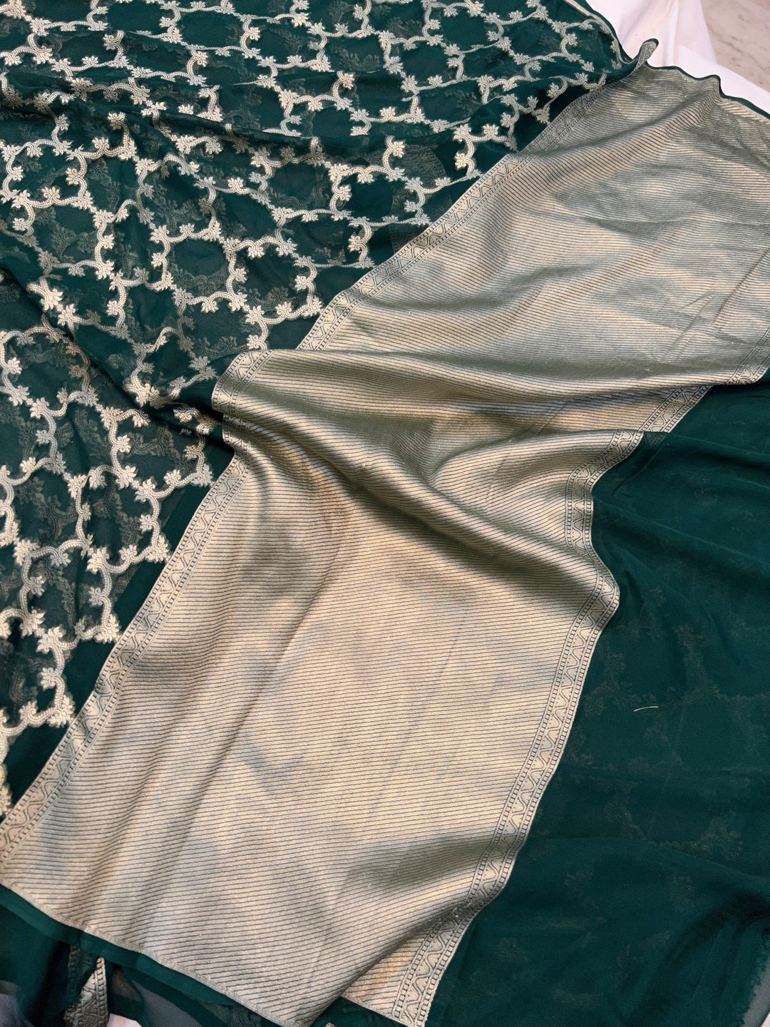 Bottle Green Pure Banarasi Khaddi Georgette Saree - Aura Benaras