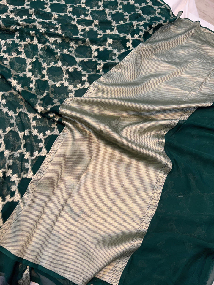 Bottle Green Pure Banarasi Khaddi Georgette Saree - Aura Benaras