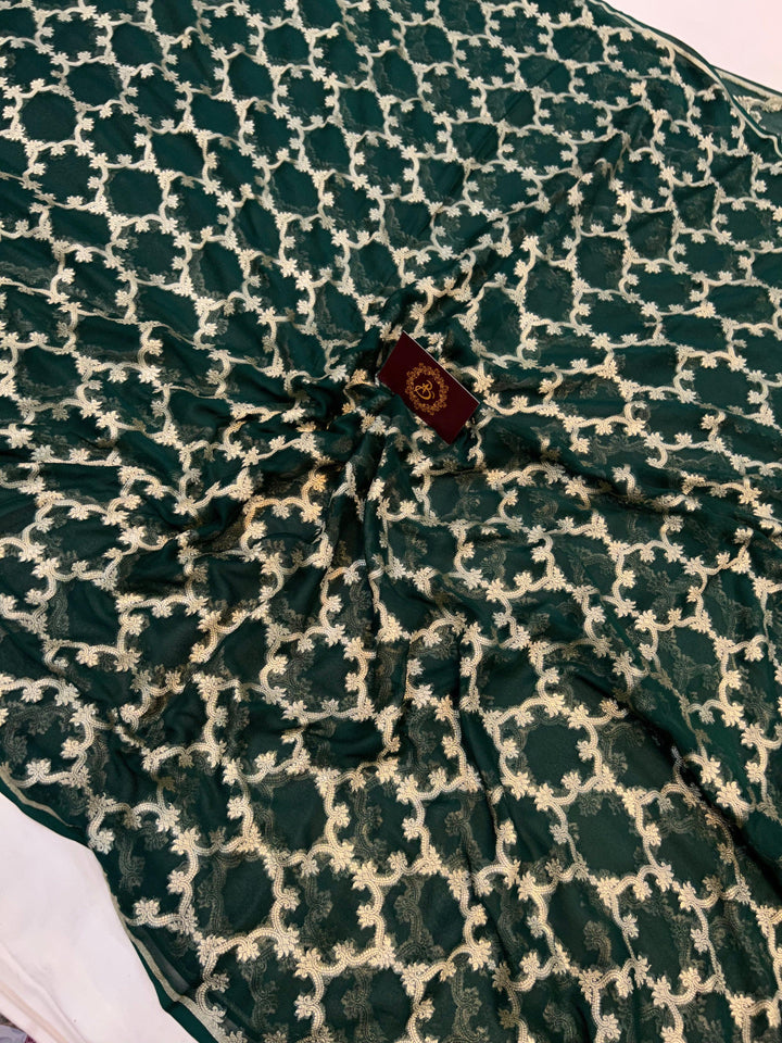 Bottle Green Pure Banarasi Khaddi Georgette Saree - Aura Benaras