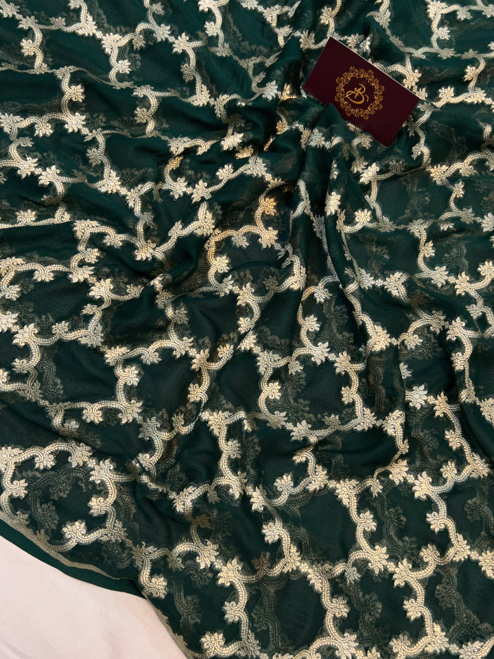 Bottle Green Pure Banarasi Khaddi Georgette Saree - Aura Benaras