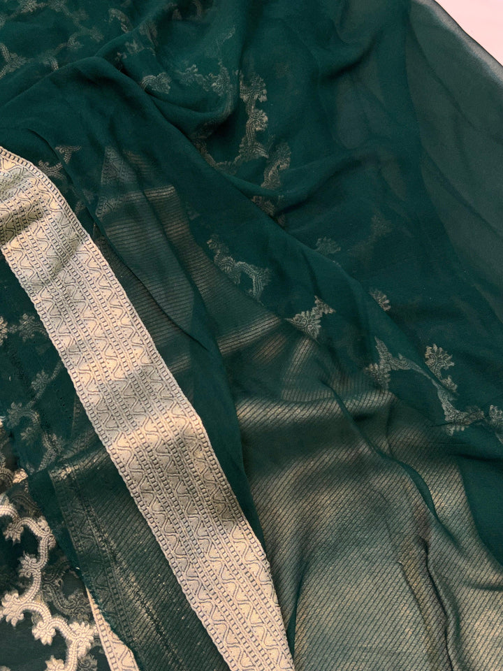 Bottle Green Pure Banarasi Khaddi Georgette Saree - Aura Benaras