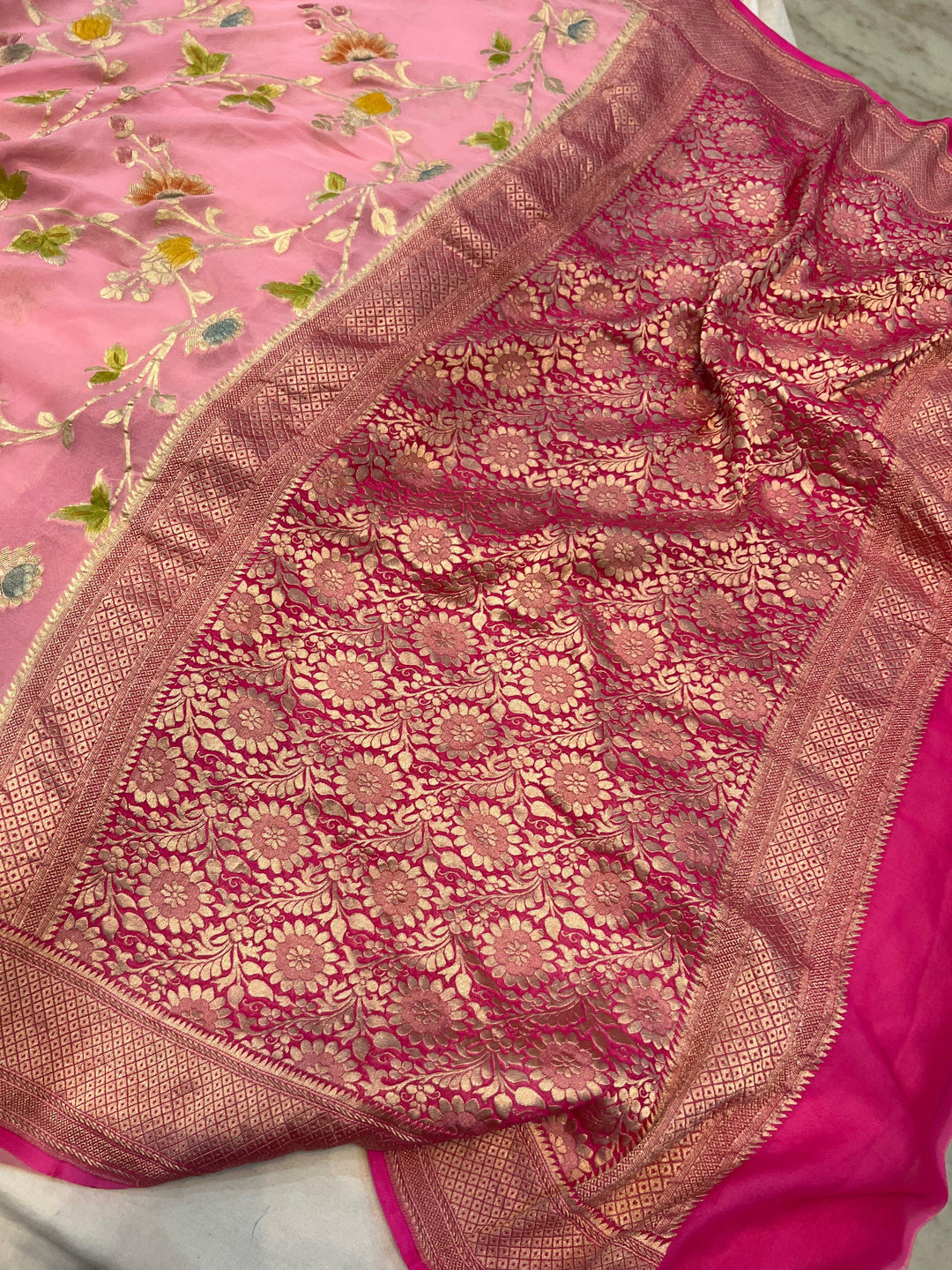 Baby Pink Banarasi Handloom Pure Georgette Saree - Aura Benaras
