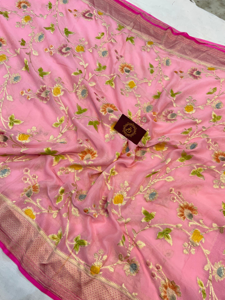 Baby Pink Banarasi Handloom Pure Georgette Saree - Aura Benaras