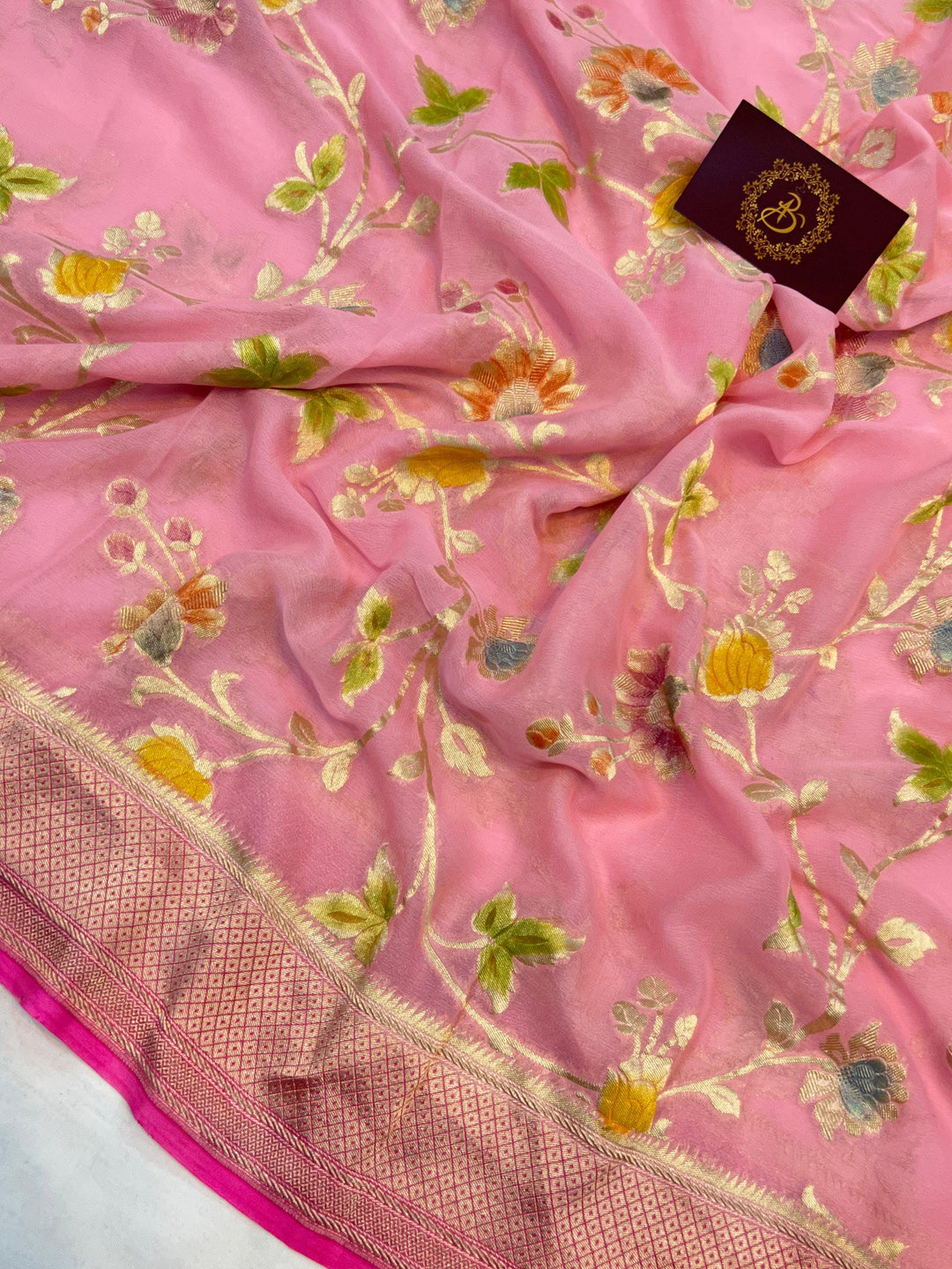 Baby Pink Banarasi Handloom Pure Georgette Saree - Aura Benaras