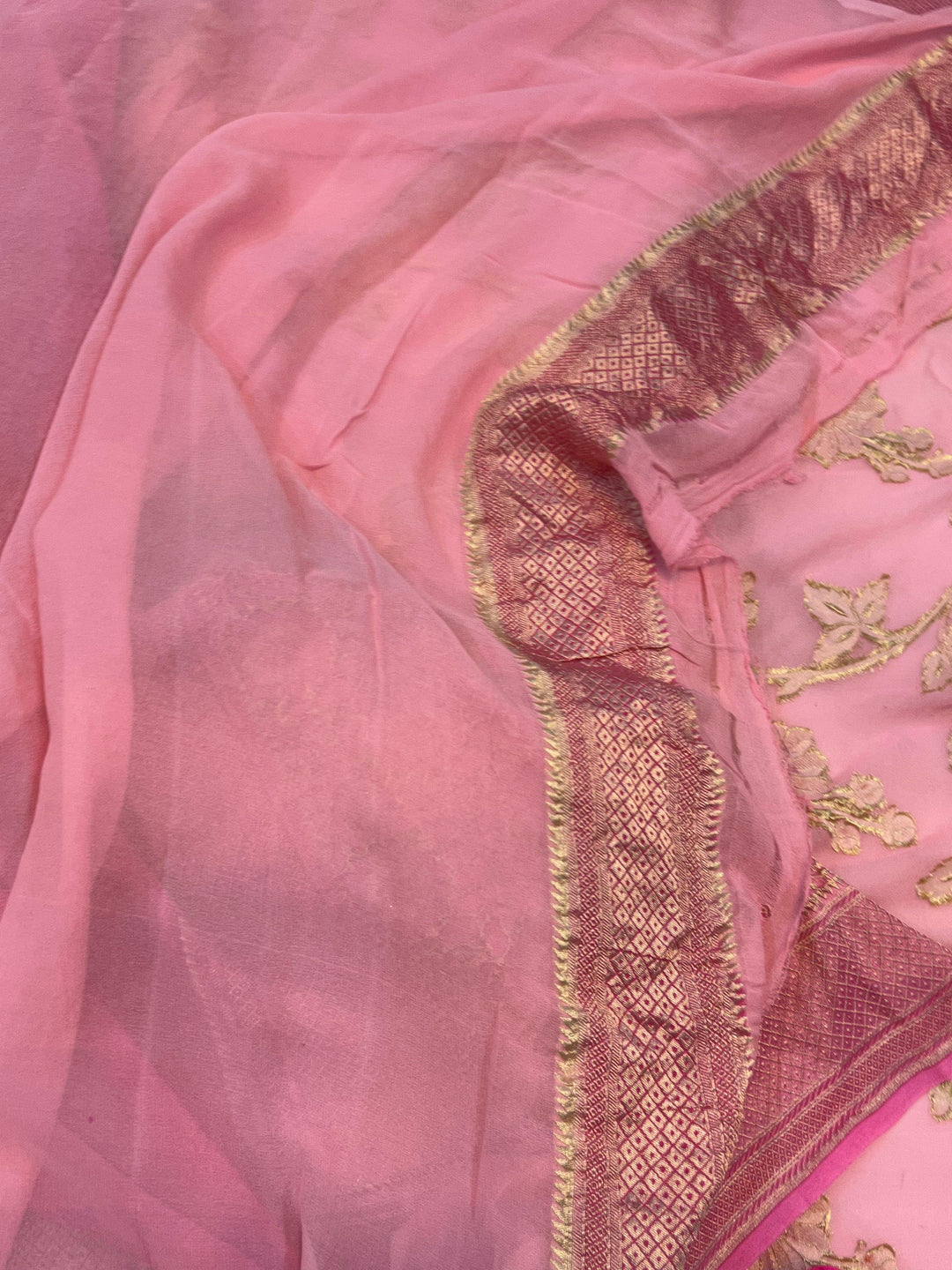 Baby Pink Banarasi Handloom Pure Georgette Saree - Aura Benaras