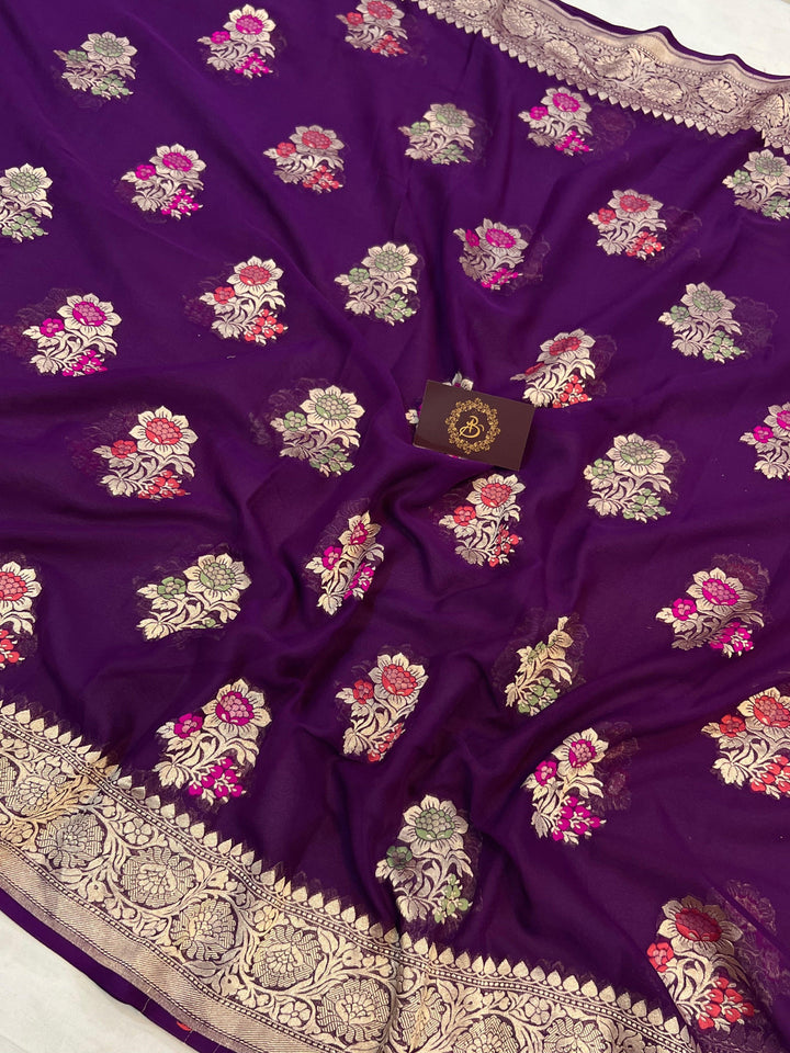 Purple Banarasi Khaddi Georgette Saree - Aura Benaras
