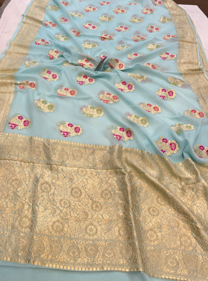 Pale Blue Banarasi Khaddi Georgette Saree - Aura Benaras