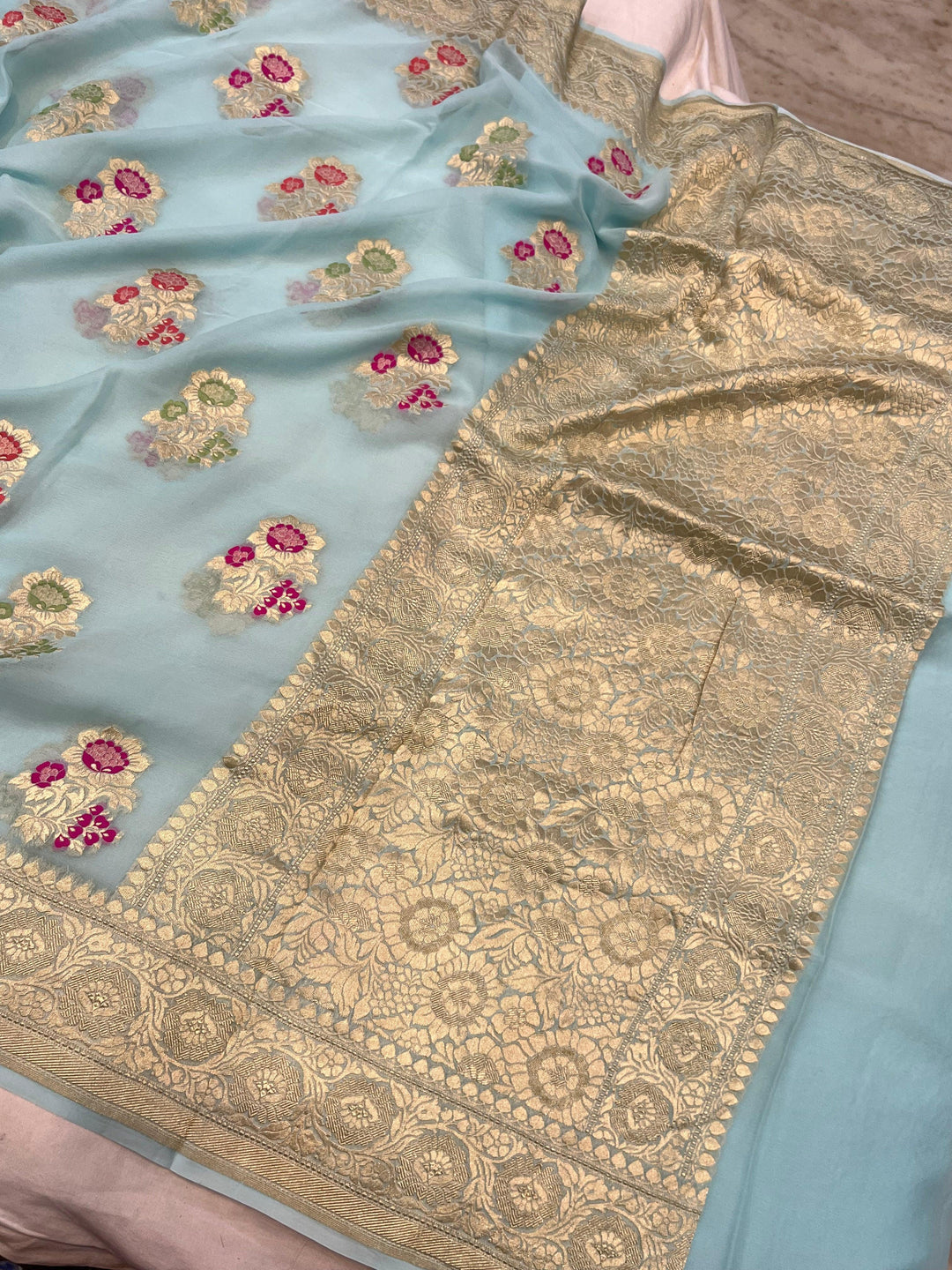 Pale Blue Banarasi Khaddi Georgette Saree - Aura Benaras