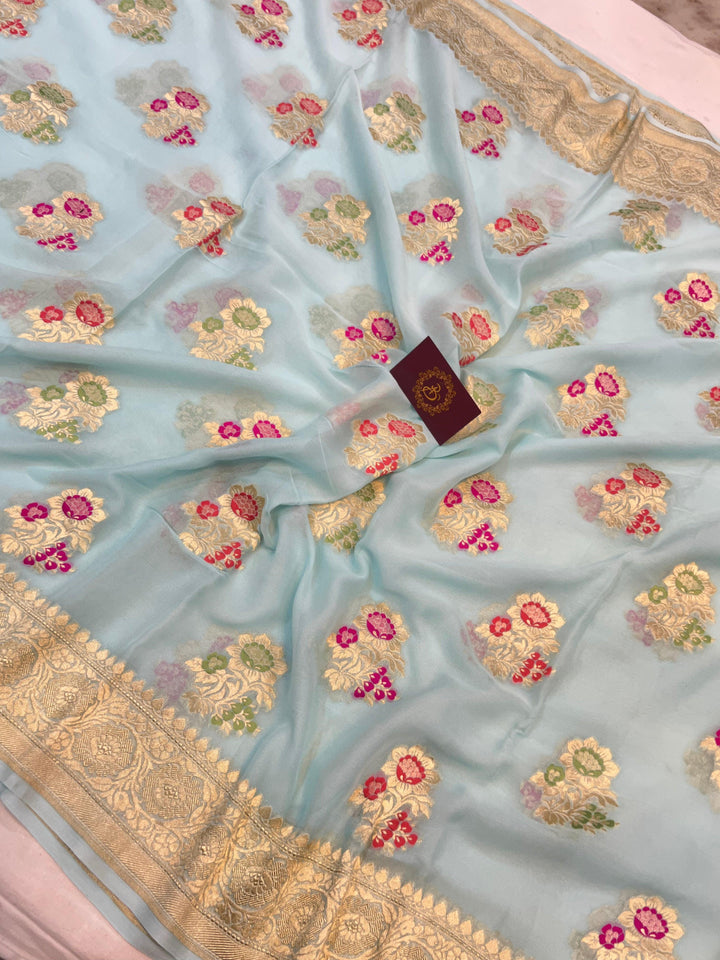 Pale Blue Banarasi Khaddi Georgette Saree - Aura Benaras