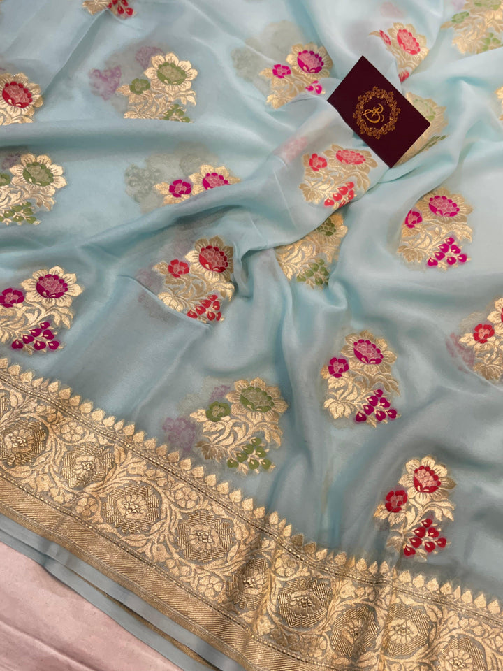 Pale Blue Banarasi Khaddi Georgette Saree - Aura Benaras