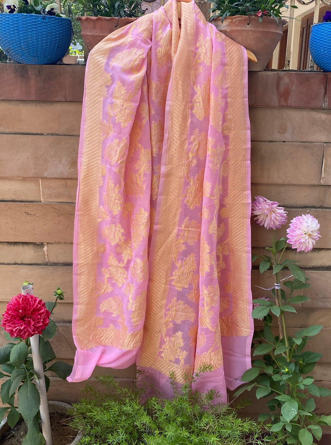 Baby Pink Pure Banarasi Handloom Georgette Dupatta - Aura Benaras