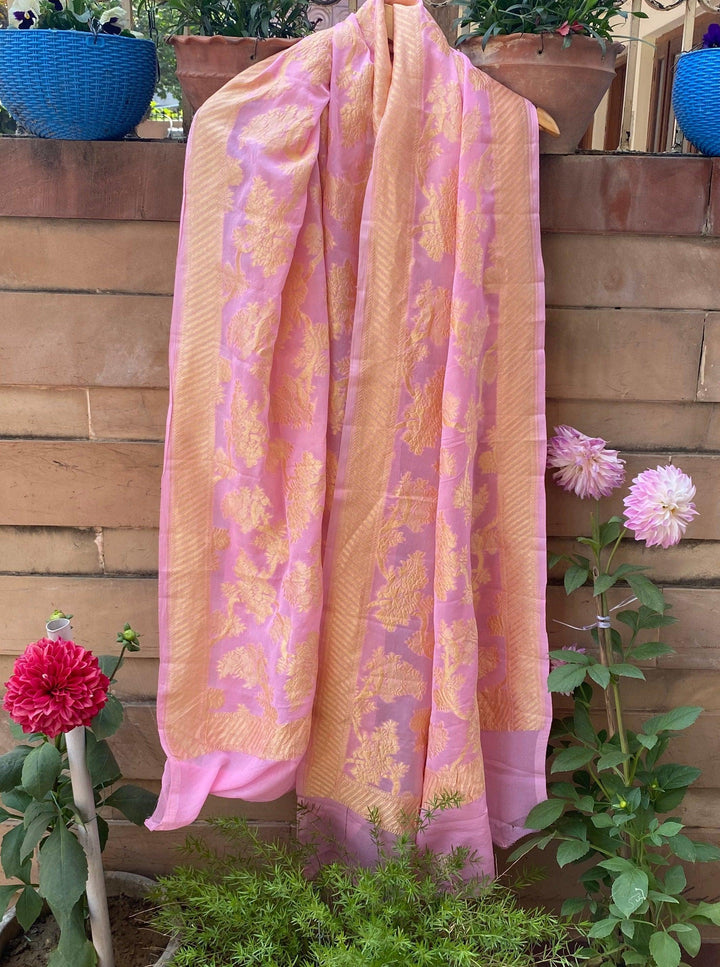 Baby Pink Pure Banarasi Handloom Georgette Dupatta - Aura Benaras