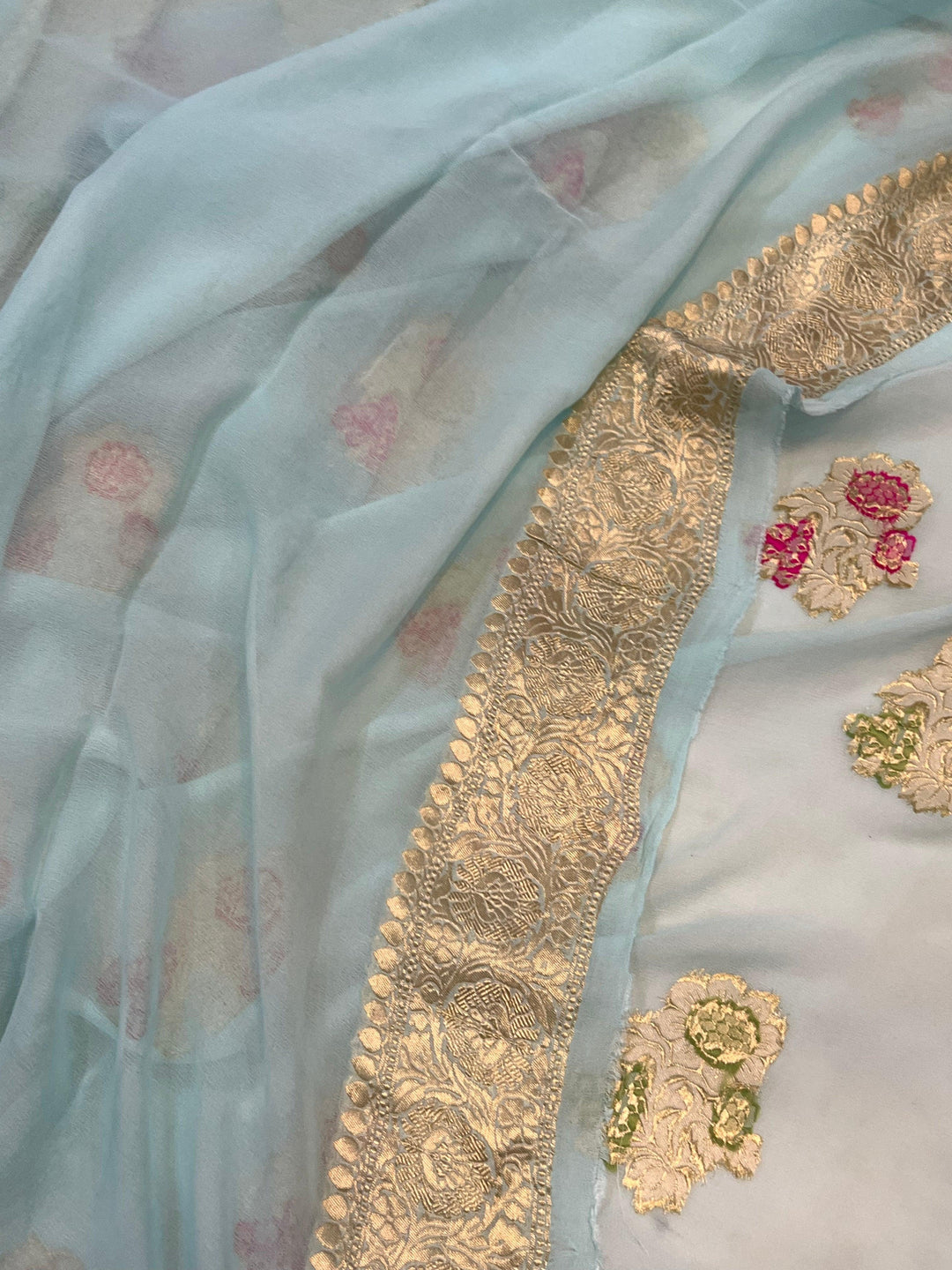 Pale Blue Banarasi Khaddi Georgette Saree - Aura Benaras