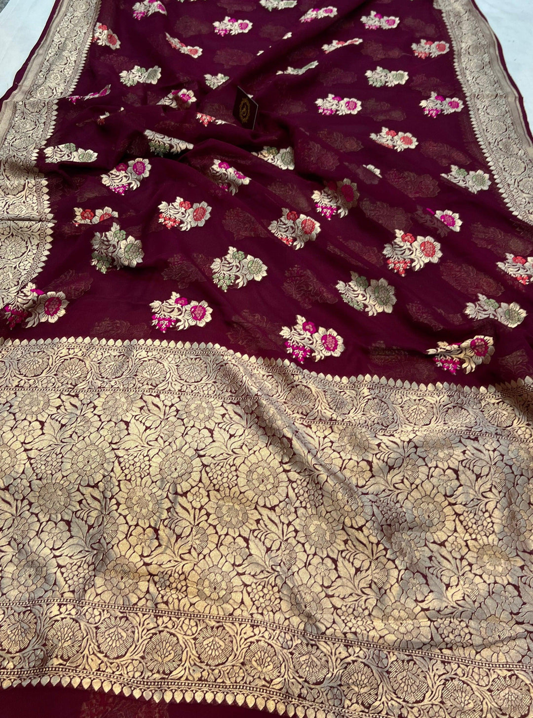 Burgundy Banarasi Khaddi Georgette Saree - Aura Benaras