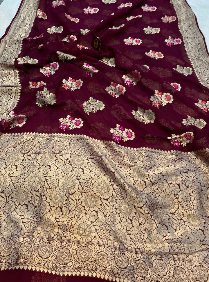 Burgundy Banarasi Khaddi Georgette Saree - Aura Benaras