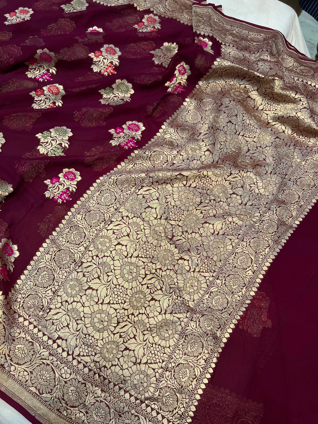 Burgundy Banarasi Khaddi Georgette Saree - Aura Benaras