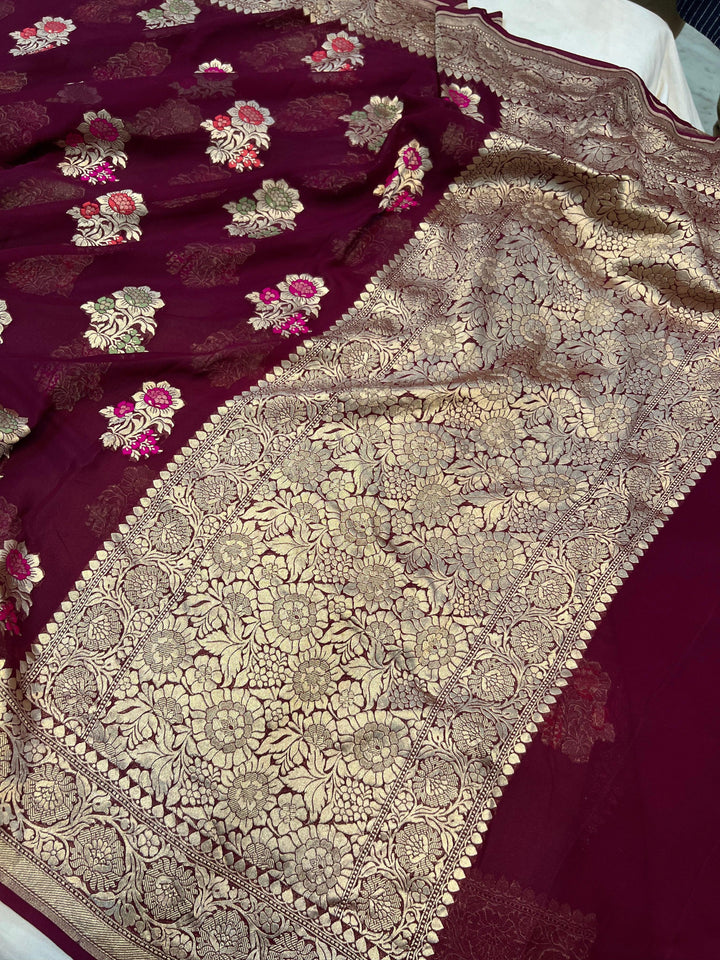 Burgundy Banarasi Khaddi Georgette Saree - Aura Benaras