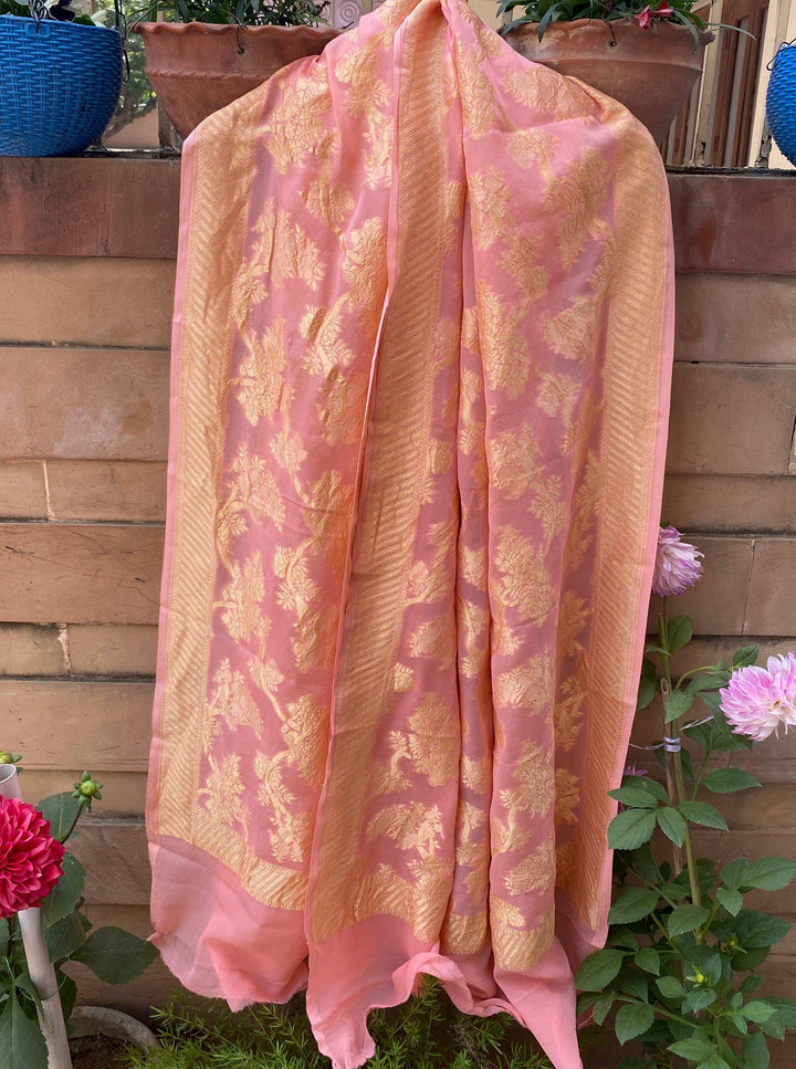 Peach Pure Banarasi Handloom Georgette Dupatta - Aura Benaras