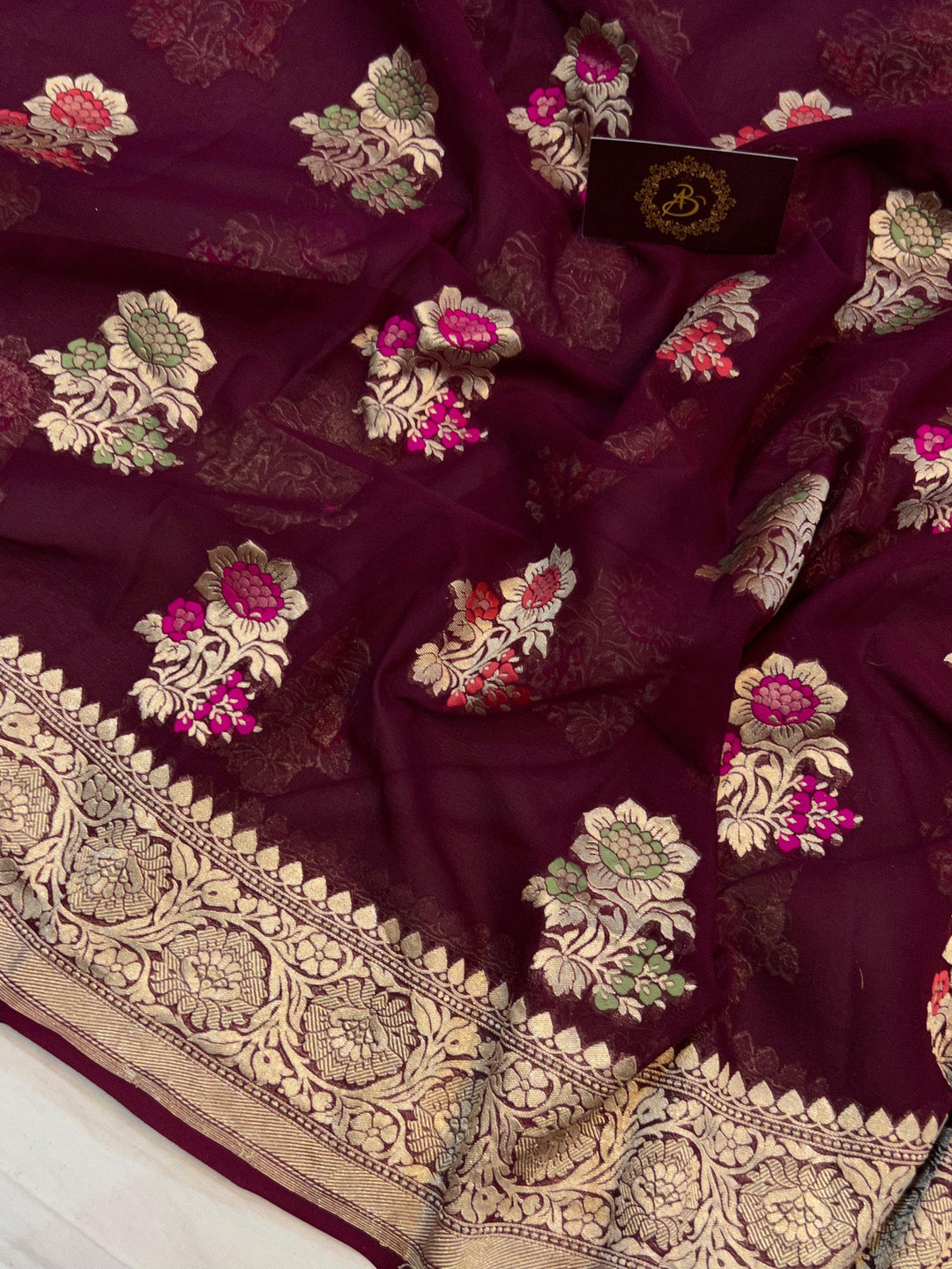 Burgundy Banarasi Khaddi Georgette Saree - Aura Benaras