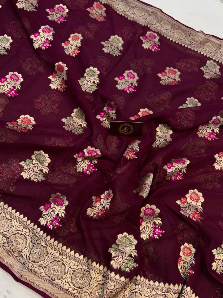Burgundy Banarasi Khaddi Georgette Saree - Aura Benaras