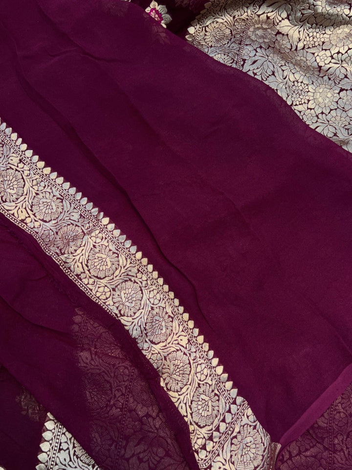 Burgundy Banarasi Khaddi Georgette Saree - Aura Benaras
