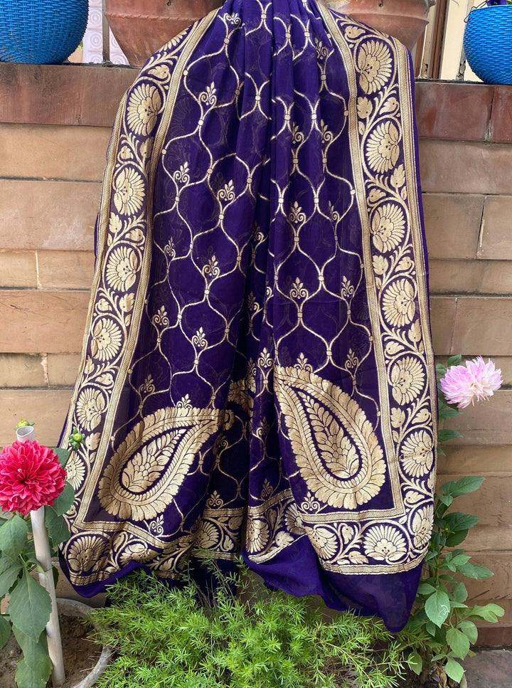 Navy Blue Pure Banarasi Handloom Georgette Dupatta - Aura Benaras