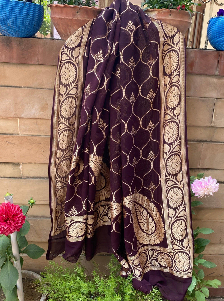 Coffee Brown Pure Banarasi Handloom Georgette Dupatta - Aura Benaras
