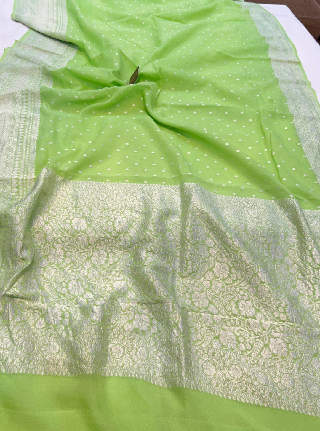 Pista Green Banarasi Handloom Pure Khaddi Georgette Saree - Aura Benaras