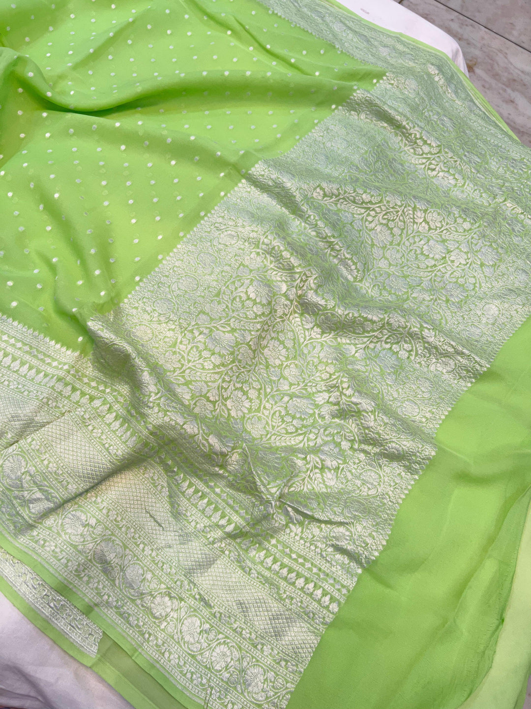 Pista Green Banarasi Handloom Pure Khaddi Georgette Saree - Aura Benaras