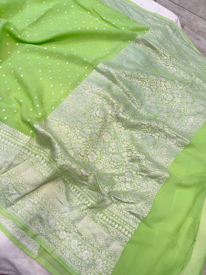 Pista Green Banarasi Handloom Pure Khaddi Georgette Saree - Aura Benaras