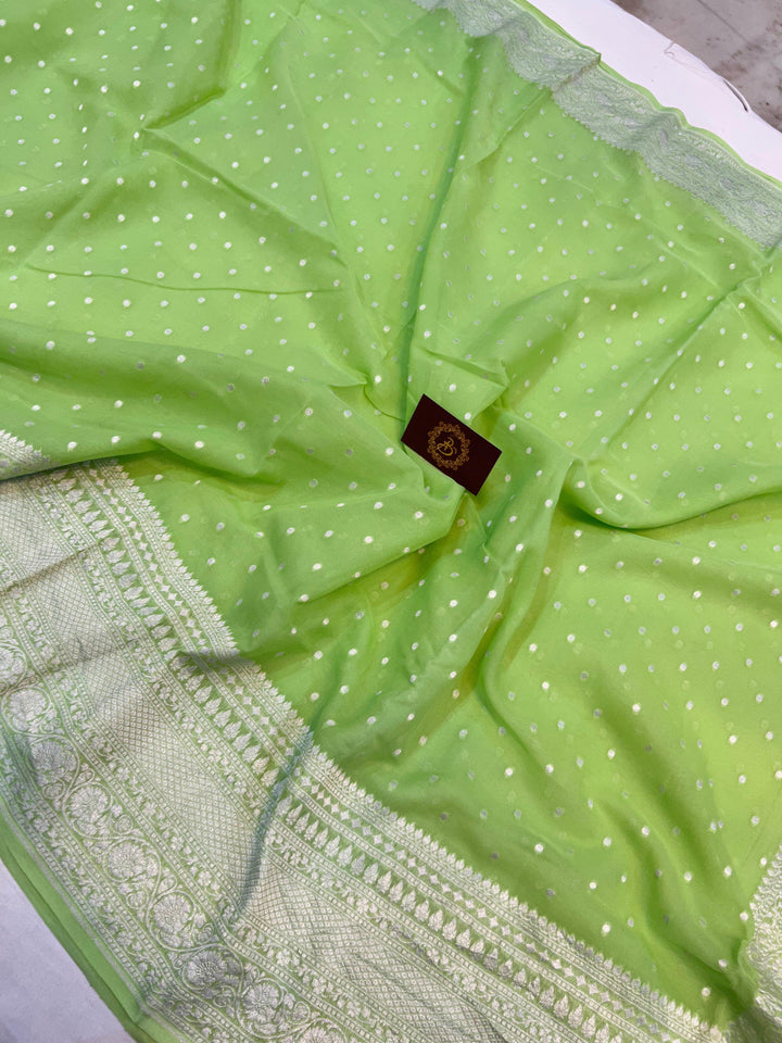 Pista Green Banarasi Handloom Pure Khaddi Georgette Saree - Aura Benaras